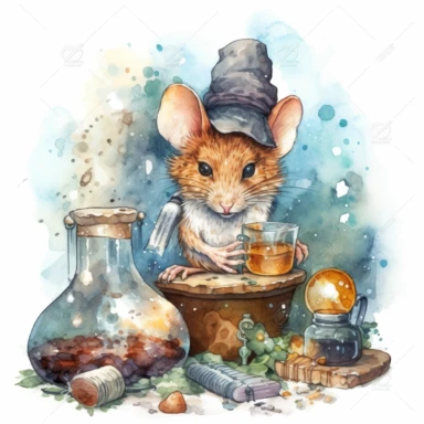 A curious mouse scientist exploring a secret underground laboratory, illuminated by glowing vials and mysterious crystals, with ancient scrolls and scientific apparatus. Watercolor clipart in HD on a white background.