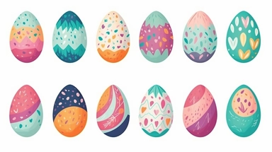 Set of cartoon flat style Easter eggs with different texture on a white background. Spring holiday clipart. Vector Illustration banner