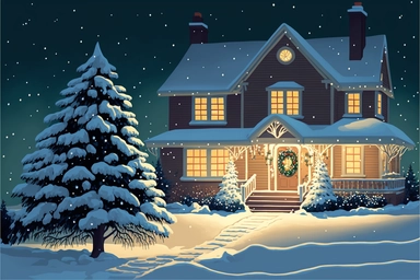 Stunning Vector clip art Christmas scene. frosty winter evening, snow is falling gently outside. The Christmas scene is one of festive cheer, as a cozy house is adorned with twinkling Christmas lights and colorful decorations. A tall Christmas tree with o