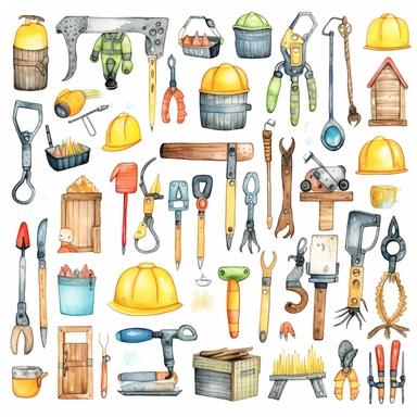 cute kawaii builder, construction tools, watercolor white background clipart set single elements with margin