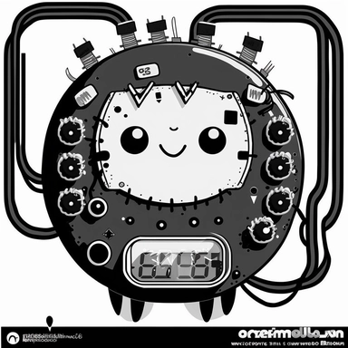 clipart of a cute electronic Pomodoro timer, full of circuits and cables and electronic components. Beautiful, flat, cute manga style, black and white, round image borders
