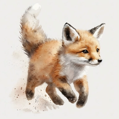 Woodland Animals Clipart Watercolor, cute baby fox with fluffy tail running, detailed watercolor, white background