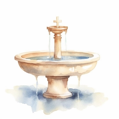 Graceful Baptism Watercolor Clipart - Baptismal Font: This artwork features a baptismal font depicted in pastel beige, symbolizing the water used during the baptism ceremony and the renewal it brings.
