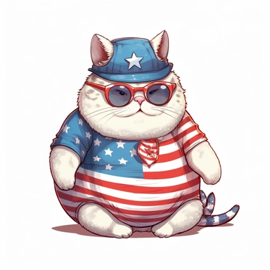 fat chubby cat on 4th of July dressed in America t-shirt, funny, very funny, clipart with crisp lines and white background