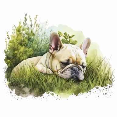 detailed watercolor, cute French Bulldog Dog sleeping on grass, realistic clipart, white background