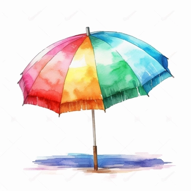 watercolor colorful clipart of a bright beach umbrella, hd, on white background