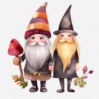 watercolor, Gnome Couple, and Halloween Decor png Full body realistic cartoon in 32K UHD cute. 15 cm thick outline. Black color. There was no shadow on the ground. 8k with realistic watercolors and detailed illustrations. PNG clipart, transparent white background