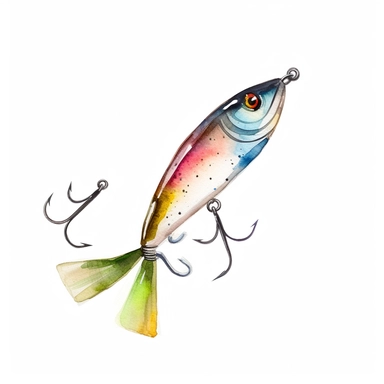Watercolor fishing lure clipart, white isolated background, space out, hd