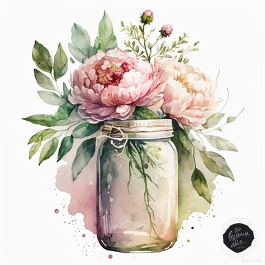 [4263445457] Watercolor clipart. A delightful fusion of pink, white, and green hues come together in this watercolor depiction of a peony bouquet resting in a jar.. White background. No text. No caption. No logo