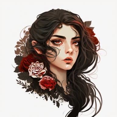 Striking boho girl in clipart style, hair cascading to one side adorned with detailed roses on one side, captivating large eyes and full lips, gazing directly at the camera, Portrait style, white minimalist background, 8K rendering