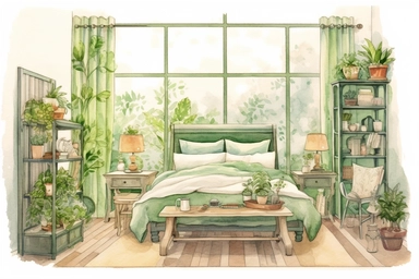 interior design scene, watercolor and ink style, boho green bedroom with nightstand and plants, clipart on plain white background, nature vibes, super high detail ultra precision 16k HD, clean crisp brushwork, painted by Beatrix Potter