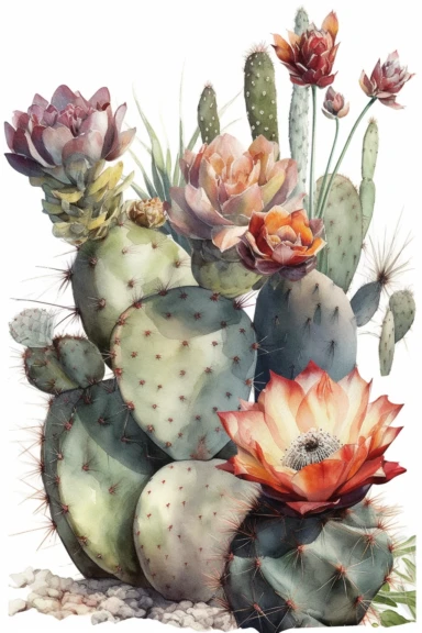 a simple clean watercolor illustrations of variety of gorgeous cactus plants, on clean white background clipart, desert theme, watercolor painting, oil painted, high quality, vibrant, Vicente Romero Redondo, Willem van Aelst, Elsa Beskow