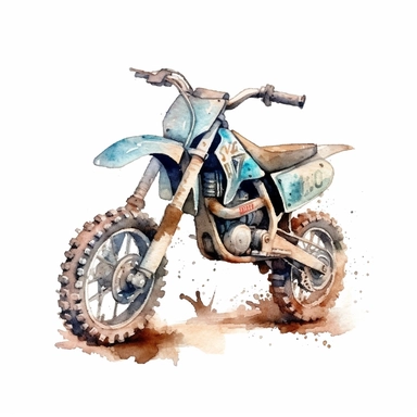 watercolor clipart dirt motorbike, cartoon clipart, defined edges, isolated on white background