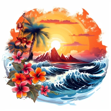 artwork majestic palm tree in digital painting style, beautiful flowers, sunrise mountains and clouds, big sea waves japanese style, water splashes, white background, colorful fantasy flower surround, highly detailed clean, vector image, photorealistic masterpiece, professional photography, realistic, flat white background, isometric, vibrant vector, clipart, illustration, realism, 4k, cinematic, front view, white background