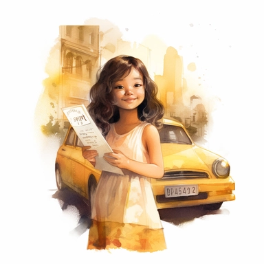 An Asian beauty holding a ticket and wearing a white dress. Very happy look. Standing by a yellow cab Little girl exploring, multiple positions,25years old, curly hair, dark brown hair,Watercolor Clipart, strybk, full Illustration, 4k, sharp focus, watercolor, smooth soft skin, symmetrical, soft lighting, detailed face, concept art, watercolor style, strybk, children's style fairy tales, chibi kawaii, . Octane rendering, 3d. Perfect face, detailed face, delicate face, perfect sharp lips, detaile