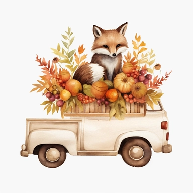 Harvest flower Truck, Watercolor Fall animals woodland Clipart, Autumn Clipart , watercolor illustration, white background for removing background