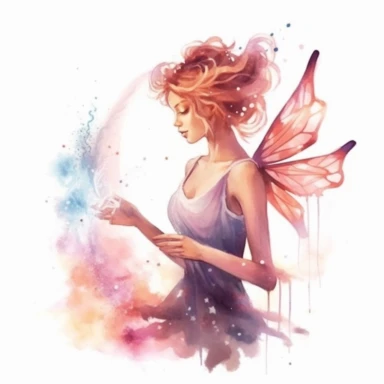 Create a charming clipart of a delicate and glowing fairy, portrayed realistically with a watercolor style. The fairy should emanate a bright aura, with celestial wings and a serene expression on her face. The background should be plain and highly contrasted, to emphasize the fairy's ethereal beauty. Use your artistic skills to make sure the fairy shines and stands out, with every detail carefully crafted to make the clipart a magical piece of art.