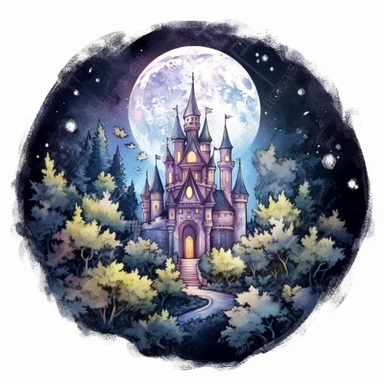 light watercolor Fantasy Castles night scenery on the moon in the garden forest realistic clipart on black background