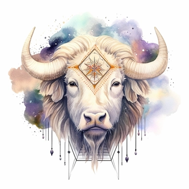watercolor clipart of white buffalo with cosmos visible in the back, sparkles, sacred geomtrical patterns