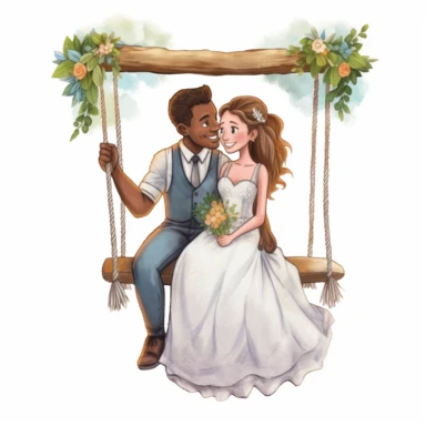Caucasian bride and African groom, sharing a romantic moment on a rustic wooden swing, surrounded by nature's beauty, vibrant colors, Pixar style, Clipart on a white background.