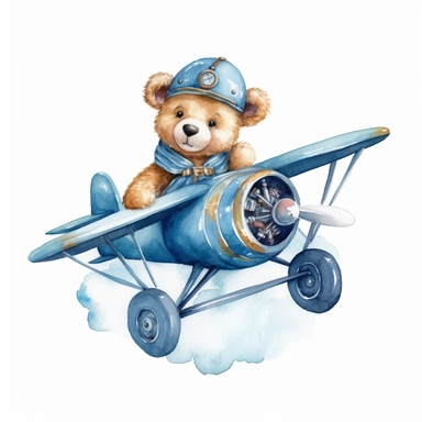 Watercolor Teddy Bear waring blue shirt, flying a toy aeroplane clipart on a white background