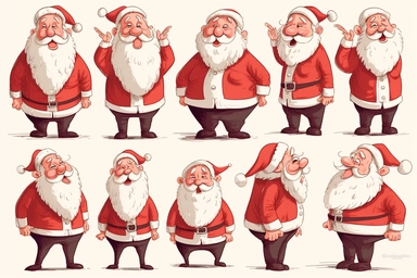 clipart happy santa claus, multiple poses and expressions, white background, folk art style,