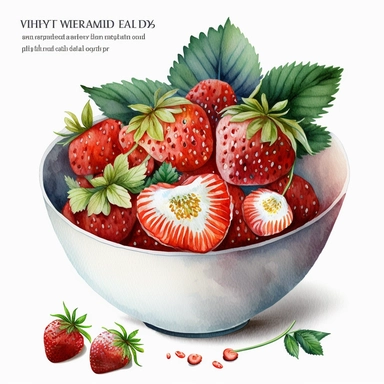 Watercolor one strawberry Clipart, strawberries in a bowl, vibrant color, high details, white background, no text