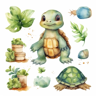 A charming watercolor turtel clipart bundle, showcasing an adorable turtel engrossed in playful activities. Against a clean white background, the watercolor painting depicts the cub's unbridled enjoyment and sense of fun. This cute baby animal clipart bundle infuses designs with a lively and joyful atmosphere, creating a delightful and engaging visual experience. /artistic_style:Watercolor painting /background:white /subject:playful tiger cub /emotion:enjoyment, fun /atmosphere:playful and cheer