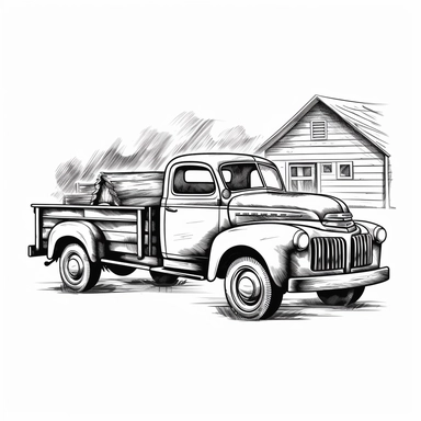 svg clipart black line cartoon drawing of a farm truck vintage, family farm, on a white background no shading