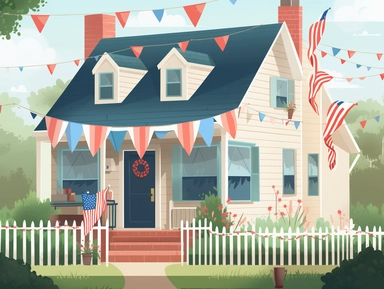A festive clipart of a suburban house decked out in American flag bunting and decorations for Independence Day.