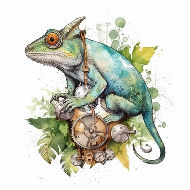 Steampunk style chameleon with watercolor effect,unrealistic fantastic,white background,suitable for digital cliparts,fantastic scene,high quality,leaves,ivy,green plants - @nhnztrk (Waiting to start)