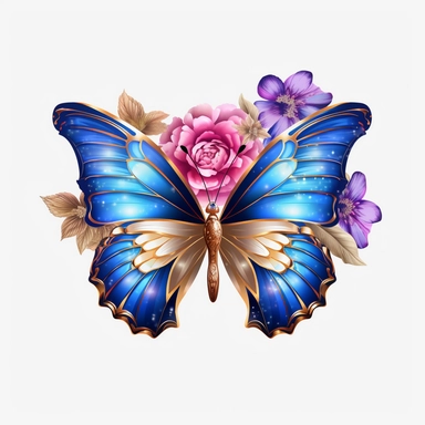 colorful blue and pink butterfly with thick golden glittery border butterfly sitting on flowers, HD, Clipart
