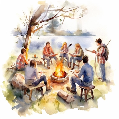 watercolor realistic clipart people around a camp fire cooking marshmallows in a branch