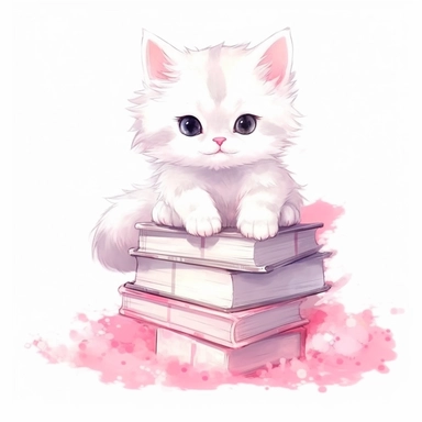 kawaii white cat sitting on a pile of pink book, super cute, so adorable that is breaks your heart, full body, watercolor clipart, isolated on white background, cute-core