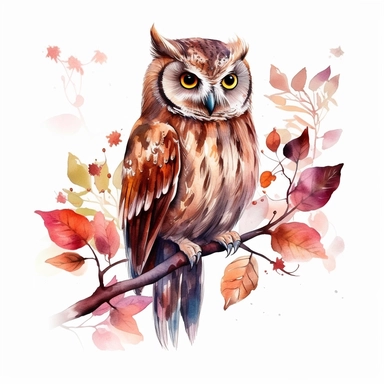 floral brown owl sitting on a branch clipart, watercolor technique, 8k detailed digital art, bright, colorful, soft lightning, sharp clear focus, detailed, sharp, on a white background