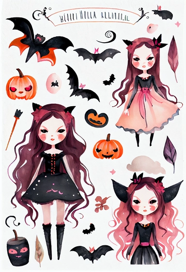 a pretty boho fun art collection on a white background with margins, pink orange and black Halloween girl vampires and bats, watercolor, clipart,