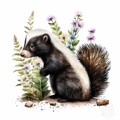 Woodland baby skunk Clipart Watercolor, white background, detailed illustration