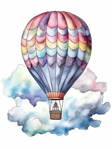 watercolor clipart with white background, hotair balloon floating in giant clouds, flat design, clearly defined separated image, high quality