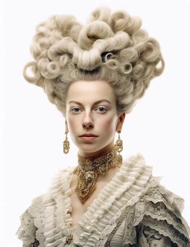 hasselblad 24 mm three quarters shot of a gorgeous realistic Queen Charlotte , clipart, Composition: Relaxed position with intricate high hairstyle, smiling, detailed natural skin, Style: Rococo, white background, hyperrealism, 32k