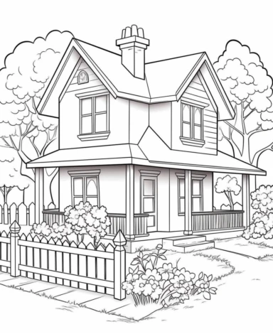 Depict a classic farmhouse with a sloping roof, chimney, and a charming front porch. Add details like windows, flower boxes, and a picket fence coloring page with Farming background design as an outline art drawing with thick bold clear lines that are neatly joined up together, outline, clipart, no colors, no shadows, no details, HD