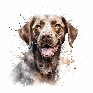 cute Slovakian Rough-haired Pointer dog portrait, full face, centered shot, side shot, dynamically posed, in action, playful mood, happy mood, playing mood, cute face, adorable smile, childlike eyes, clean watercolor illustration, white background, nursery baby imagery, painting, detailed, 8k, PNG, clipart,