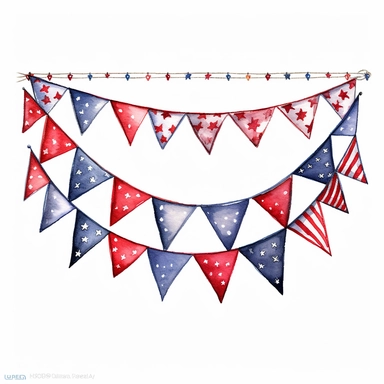 watercolor, 4th of July Patriotic bunting - Clip art of patriotic bunting or flag garland in red, white, and blue. png Full body realistic cartoon in 32K UHD cute. 15 cm thick outline. Black color. There was no shadow on the ground. 8k with realistic watercolors and detailed illustrations. PNG clipart, transparent white background
