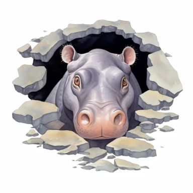 curious HIPPOPOTAMUS, common hippopotamus, peeking out from behind a rock, designed by artist Georgia O'Keeffe, abstract art style, clipart, on a white background