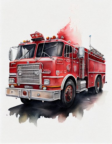 detailed watercolor clipart of a firetruck, long shot, wide angle, side view, isolated on a white background