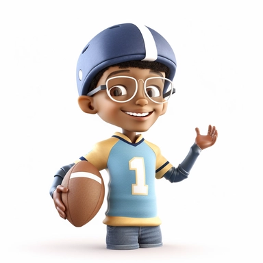 cute young boy playing american football, making a pass, passing, wearing a helmet, full body, smiling, american football, Sport graphics, action clipart, 16k, isolated on white background, 3d, rendered by pixar