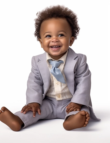 hasselblad 24 mm full body shot of a gorgeous african american baby boy very well dressed with Blue Eyes, clipart, Composition: Relaxed position , smiling, Style: Rococo, white background, hyperrealism, 32k