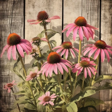 echinacea plant, against a old wood rail fence , clipart, vintage, edith holdem style, hyper hd--q2--v5.1