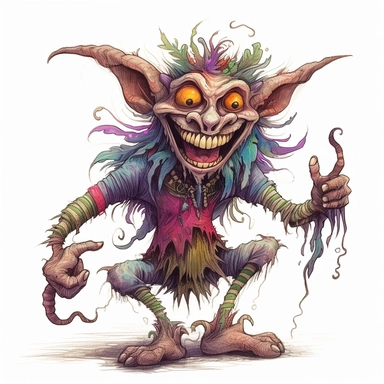 HAPPYCORE detailed illustration of a whimsical magical TROLL creature in a creepy, eerie style with a sense of FUN IN A SPOOKY WAY, featuring large shoes, large eyes, and a big grin, watercolor and ink,clip art, cartoon, 8k, ar 9:8
