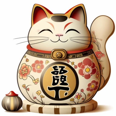 Image: A pretty and unique Maneki-neko clipart with a white background. 5 descriptive keywords: Charming, Japanese, Fortune, Cat, Symbol.