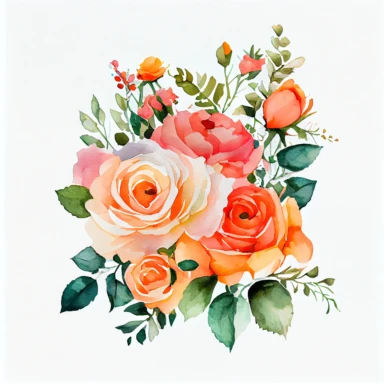 one bouquet arranged roses watercolor clipart, the colors are Apricot Orange and Bubblegum Pink arranged clipart, watercolor, 8k, white blank background